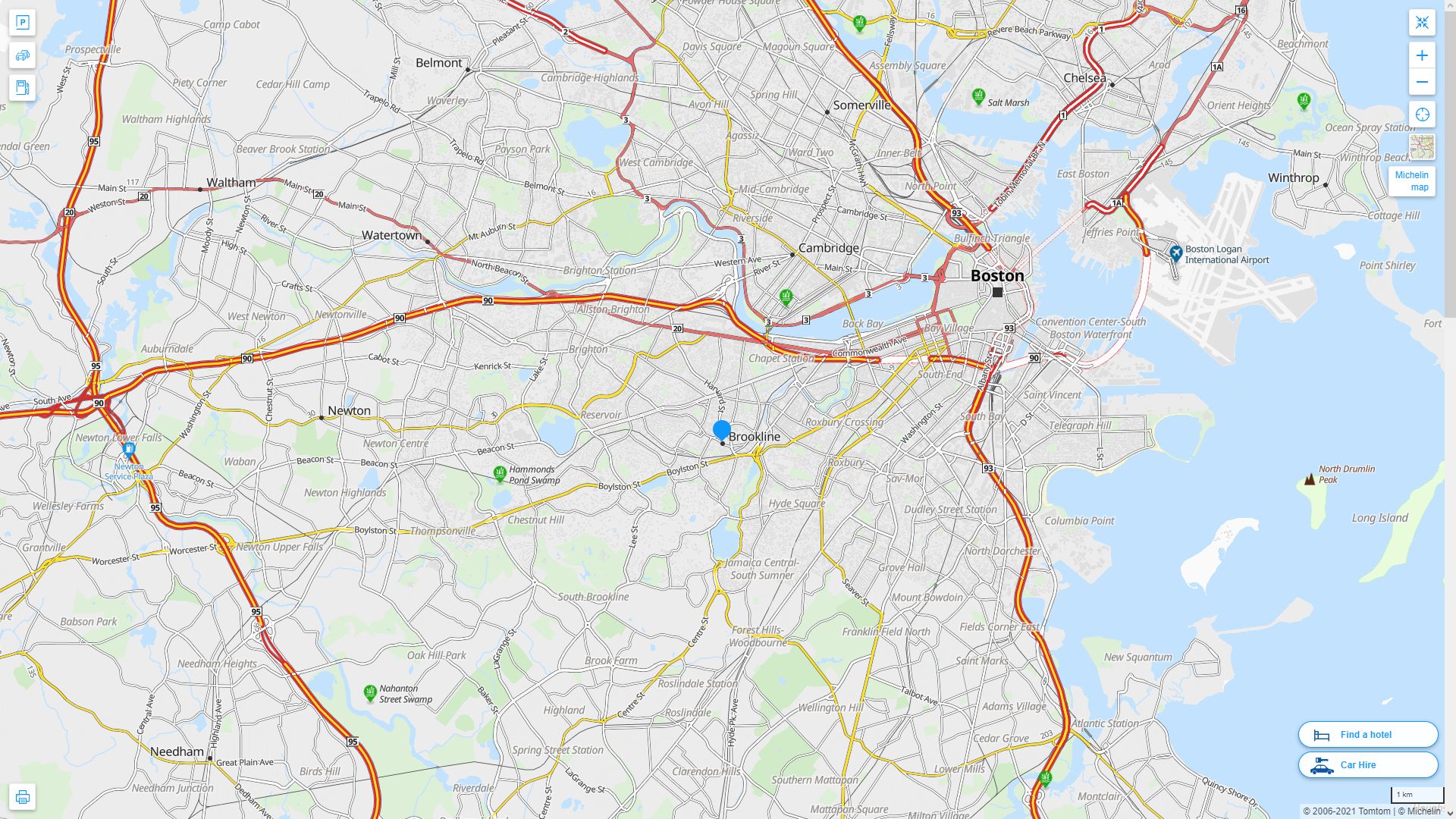 Brookline Massachusetts Highway and Road Map